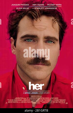 Her (2013) directed by Spike Jonze and starring Joaquin Phoenix, Amy Adams, Scarlett Johansson and Chris Pratt. A lonely writer falls in love with Samantha, a computer operating system. Stock Photo