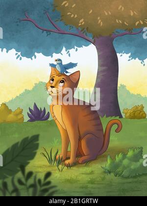 Friendly cat with a singing bird perched on its head. Digital illustration Stock Photo