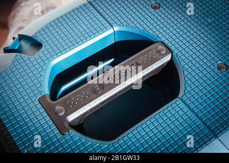 Strasbourg, France - Feb 9, 2020: Bosch Logotype on the handle of GAS 35 M AFC Professional Wet and Dry Vacuum Cleaner, 35 L with automatic filter cleaning dust class M Stock Photo