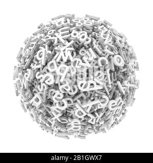 3D computer graphic, white sphere formed out of three-dimensional letters - global communication Stock Photo