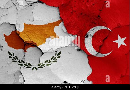 Flags of Turkey and Cyprus painted on cracked wall background/Turkey ...