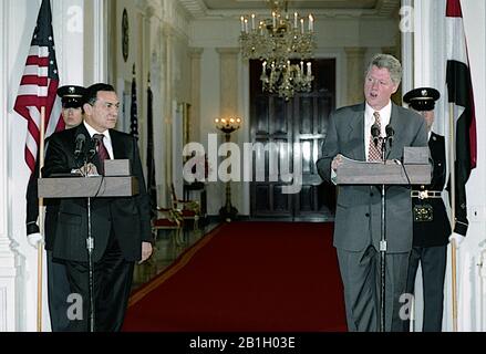 Washington, DC. 4-6-1993 President William Jefferson Clinton shakes hands with  Egyptian Pressident Honsi Mubarak  at the conclusion of their joint news conferenece in the East Room of the White House. Credit: Mark Reinstein/MediaPunch Stock Photo