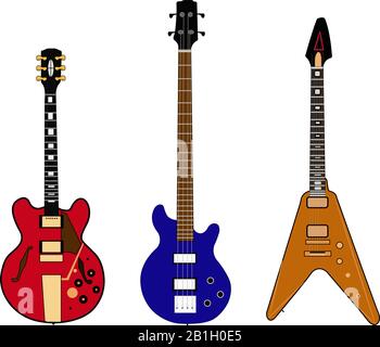 Three different guitars instrument on a white background Stock Vector
