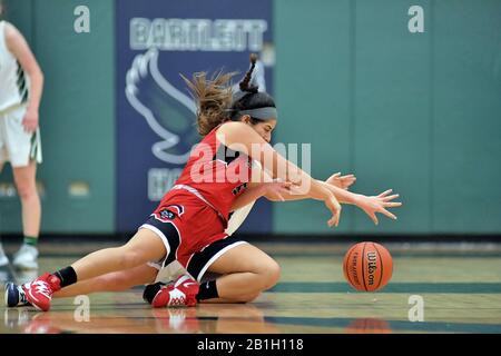 Opposing players diving to the floor in an effort to control a loose basketball. USA. Stock Photo