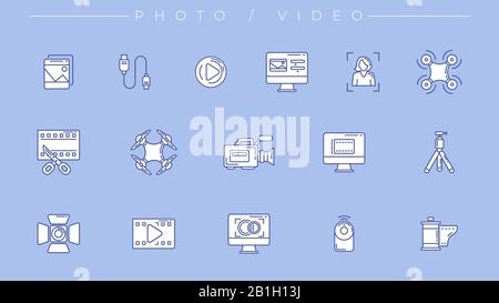 Photo and Video icons. Line style vector set Stock Vector