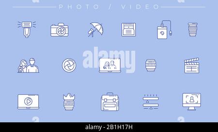 Photo and Video icons. Line style vector set Stock Vector