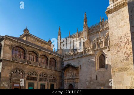 Granada, Spain - January 6, 2020: Facade of the Granada Cathedral against the blue sky, Andalusia