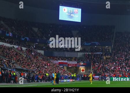 PRAGUE, CZECHIA - OCTOBER 23, 2019: Panoramic view of Eden Arena in Prague during the UEFA Champions League game Slavia Praha v Barcelona. Also known as Sinobo Stadium. Capacity 19370 people Stock Photo