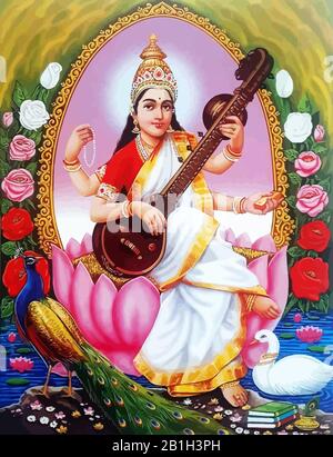 hinduism god Saraswati spiritual play veena holy culture illustration Stock Photo