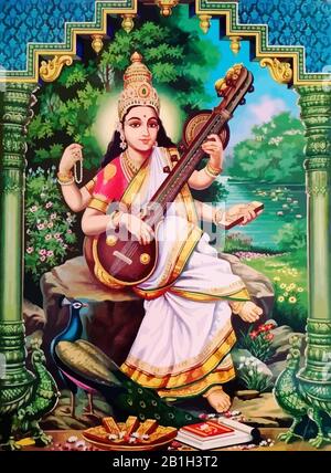 hinduism god Saraswati spiritual play veena holy culture illustration Stock Photo