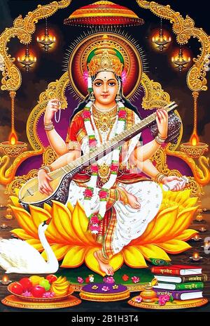 hinduism god Saraswati spiritual play veena holy culture illustration Stock Photo