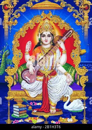 hinduism god Saraswati spiritual play veena holy culture illustration Stock Photo