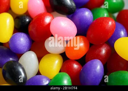 Close-up view of a bowl full of colorful jelly beans Stock Photo