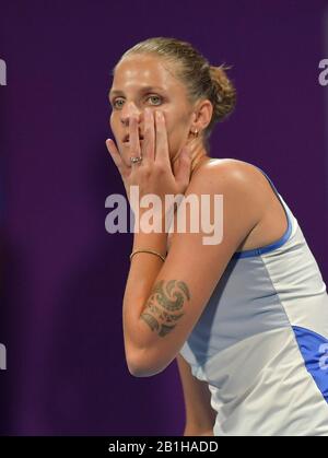 Doha, Qatar. 25th Feb, 2020. Karolina Pliskova of the Czech Republic reacts durng the women's singles second round match against Bernarda Pera of the United States at the 2020 WTA Qatar Open in Doha, Qatar, Feb. 25, 2020. Credit: Nikku/Xinhua/Alamy Live News Stock Photo