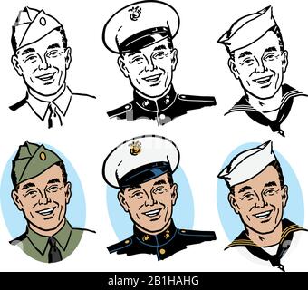 A trio of men dressed in American World War II era military uniforms. Stock Vector