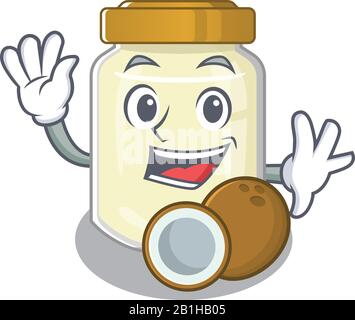 Waving friendly coconut butter mascot design style Stock Vector