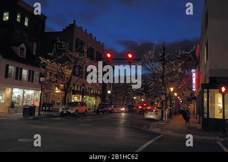 Businesses along King Street, one of the main thoroughfares running towards the Potomac River in Old Town Alex Stock Photo