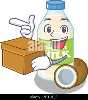 Cute coconut milk cartoon character having a box Stock Vector