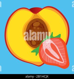 Strawberry and peach illustration isolated on blue. Stock Vector