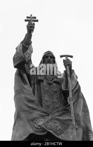 Monument to Patriarch Germogen in Alexander Garden in Moscow. Bronze sculpture historical Patriarch of Moscow and All Russia Germogen, holy religious Stock Photo