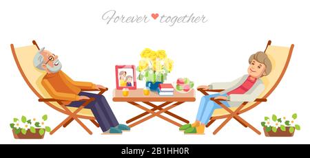 Senior couple relaxing in garden, isolate on white background. Forever together, happy family. vector flat, cartoon illustration Stock Vector