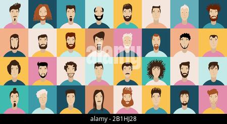 Young Man Avatar flat style vector icon set. Male Faces icon design collection with different styles of hairstyle, beard, mustache. Portrait avatars Stock Vector