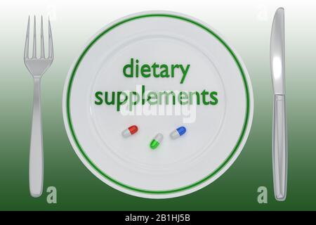 3d Illustration Of Three Dietary Supplement Capsules And Title On A White Plate Along With Silver Knif And Fork On A Green Gradient As A Background Stock Photo Alamy