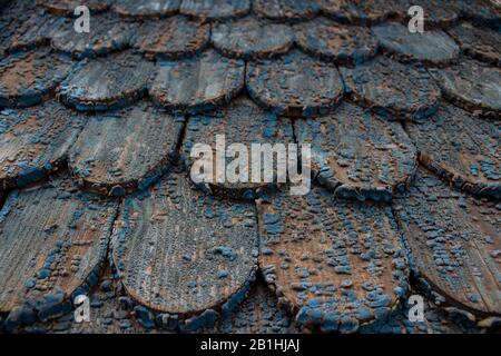 Weathered vintage wooden shingles background with remnants of old light blue paint for abstract design with copy space. Vintage wooden texture Stock Photo