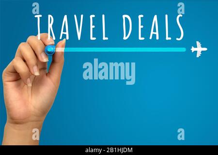 Vacation travel deals, hand written text on blue background with copy space - Flight promotional flash sale banner with airplane icon - Retail web advertising holiday airline ticket business concept