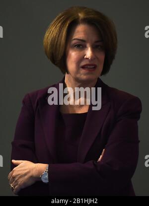 Charleston, United States. 25th Feb, 2020. Democratic presidential candidate Amy Klobuchar waits to be interviewed at the spin room following the CBS Democratic Presidential Primary Debate at the Charleston Gaillard Center. Credit: SOPA Images Limited/Alamy Live News Stock Photo