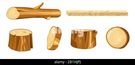 Wood log and tree stump round cut with rings set Stock Vector