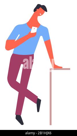 Man looking at smartphone screen, texting male character Stock Vector