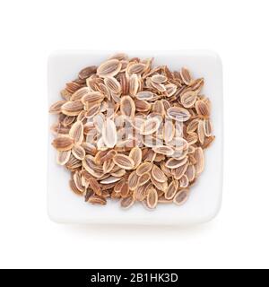 Fennel seeds (Anethum graveolens) in a white bowl on white background. The plant is used in medicine, in perfumery and cosmetics. Stock Photo