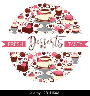 Fresh desserts banner with strawberry and chocolate sweets in circle Stock Vector