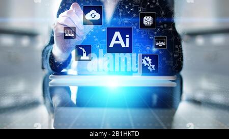 AI Artificial intelligence, Machine learning, Big data analysis and automation technology in business and industrial manufacturing concept on virtual Stock Photo