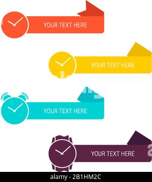 Clock ribbon banners. Round clock, wristwatch, alarm clock, flat style. Vector illustration isolated on white. Place for your text. Stock Vector