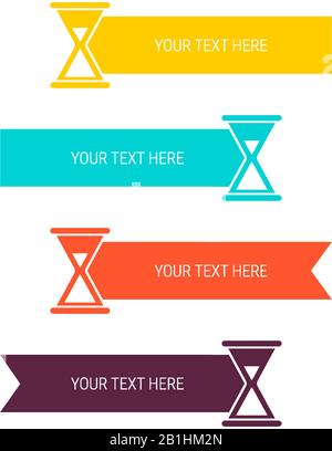 Multi-colored ribbons with hourglass and sandglass, flat style. Vector illustration isolated on white. Place for your text. Stock Vector