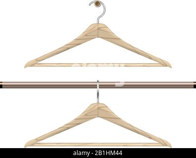 Realistic wooden clothes hanger set isolated on white. One hanging on the wall, the other on the wardrobe bar. Vector illustration. Stock Vector
