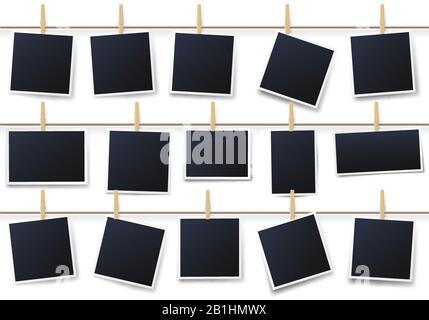 Photos on clothespins. Vintage photo frame hanging with on rope, printing photographs template vector illustration set Stock Vector