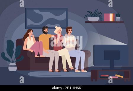 Friends watching horror movie together. Scared teens sitting on sofa and watch scary movie in dark living room vector illustration Stock Vector