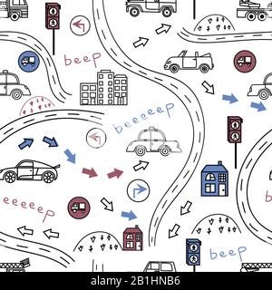 car seamless pattern, black and white cartoon background, coloring book, monochrome drawing. Black and white cars on a white background. For the desig Stock Vector