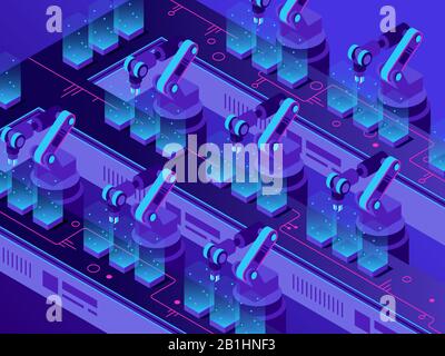 Isometric futuristic production line. Industrial warehouse automation, smart robotic arms and factory machines vector illustration Stock Vector