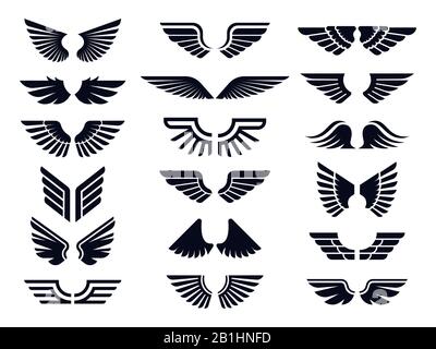 Silhouette pair of wings icon. Angel wing, decorative fly emblem and eagle stencil symbols vector icons bundle Stock Vector