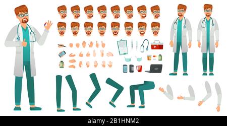 Cartoon medicine doctor creation kit. Medical man, healthcare medic and male doctor character constructor vector set Stock Vector