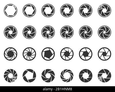 Camera lens diaphragm. Photo lenses aperture, cameras shutter silhouette icon and shutter apertures pictogram vector symbols set Stock Vector
