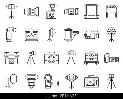 Outline photo icons. Photography studio light, film cameras and camera on tripod line icon vector set Stock Vector