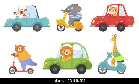 Cute animals on transport. Animal on scooter, driving car and zoo travel cartoon vector illustration set Stock Vector