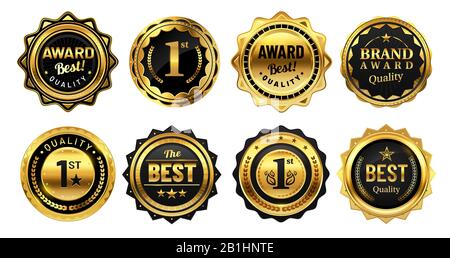 Golden winner badges. Retro gold quality stamp, exclusive circle badge and heraldic award vector illustration set Stock Vector