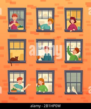 People in windows frames. Communicating neighbors, looking out window and urban residents cartoon vector illustration Stock Vector