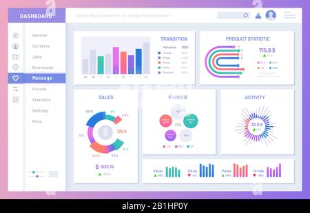 Dashboard ui. Statistic graphs, data charts and diagrams infographic template vector illustration Stock Vector